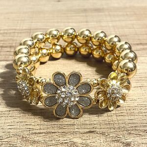 Metallic Glitter Rhinestone Flower Bracelet Beaded Elastic Gold Tone Jewelry